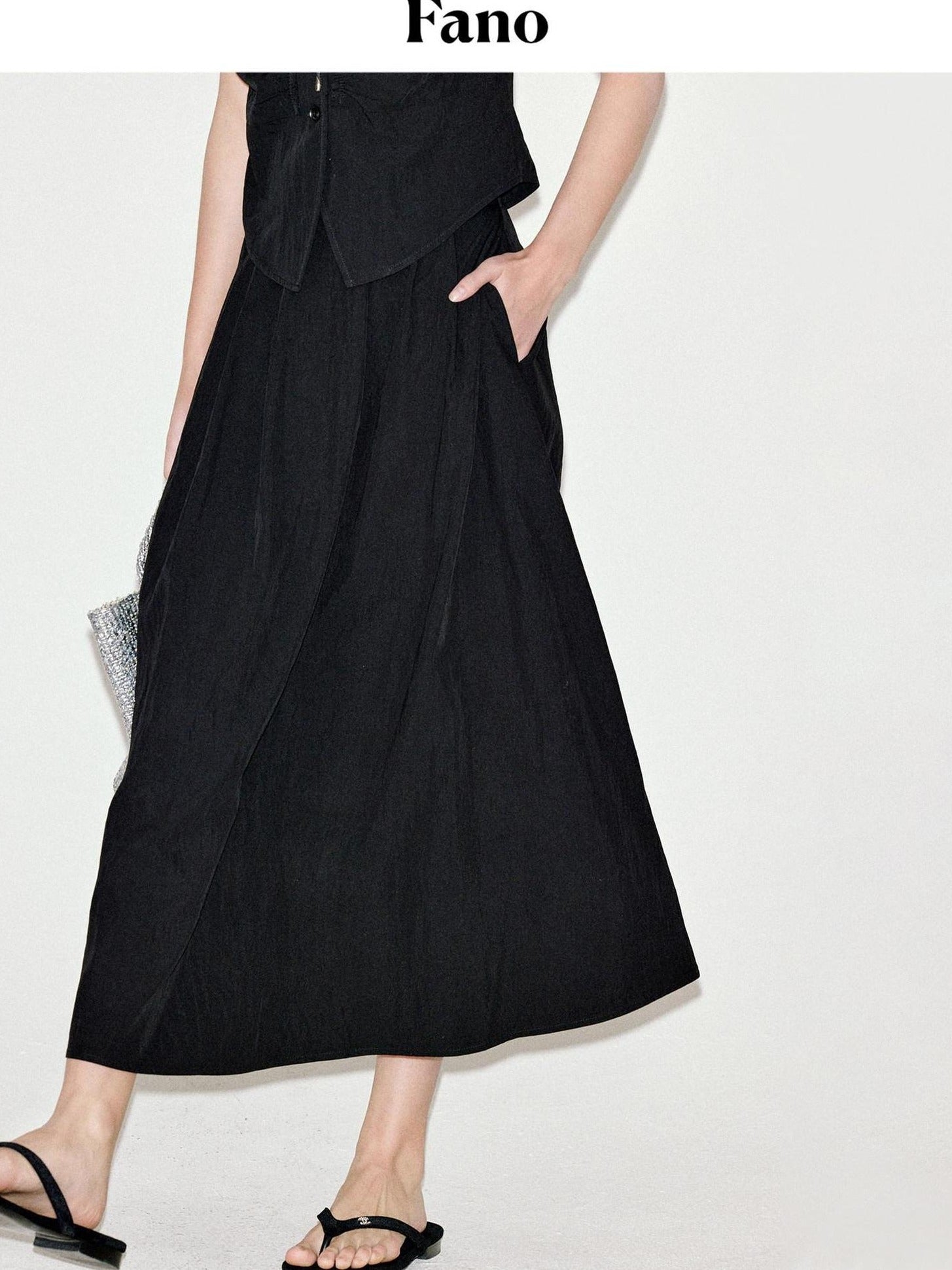fano Sleek Black V-neck Button Short Sleeve Two Piece Chic Women Top & Skirt Sets