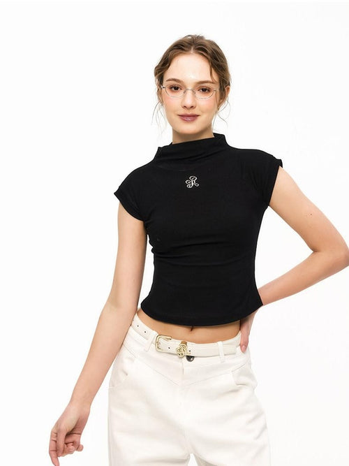 ikyou Cooling Wrinkle Free Slim Crop Half High Neck Solid Short Sleeve T-Shirts