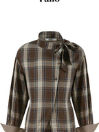 fano Soft Cotton Tie Bow Plaid Long Sleeve Stand Collar Office Cardigan Women Blouses