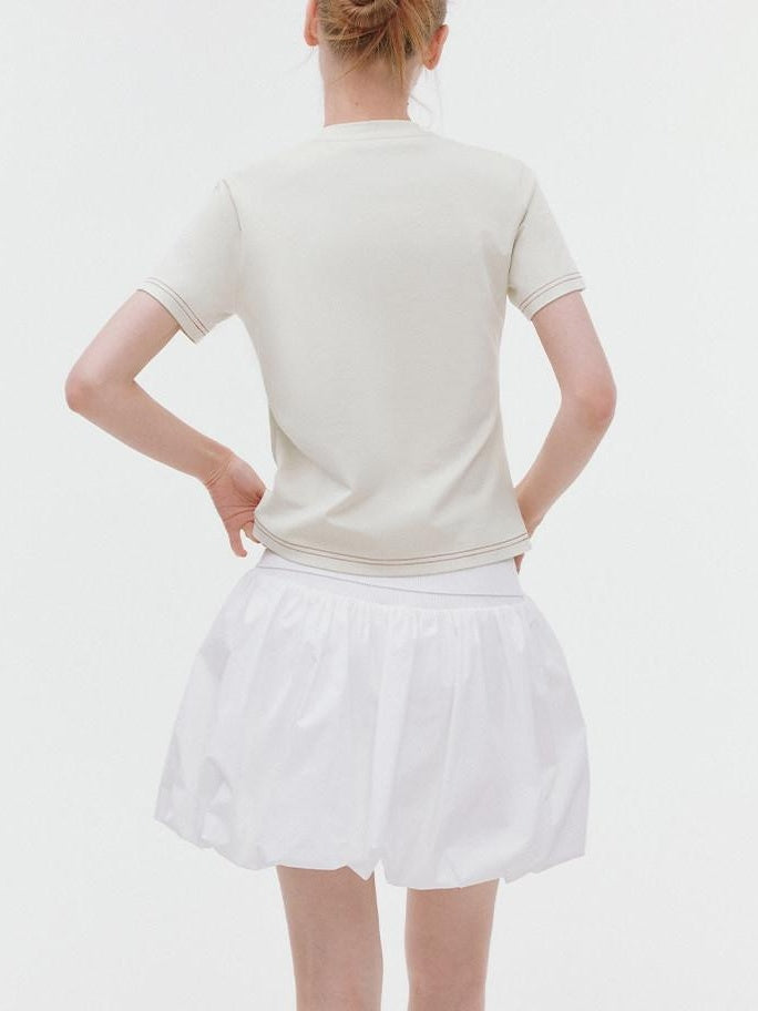 fano Butterfly Bow Print Cotton Blend Slim Korean Crew Neck Beige Basic Crop Tops