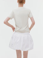 fano Butterfly Bow Print Cotton Blend Slim Korean Crew Neck Beige Basic Crop Tops