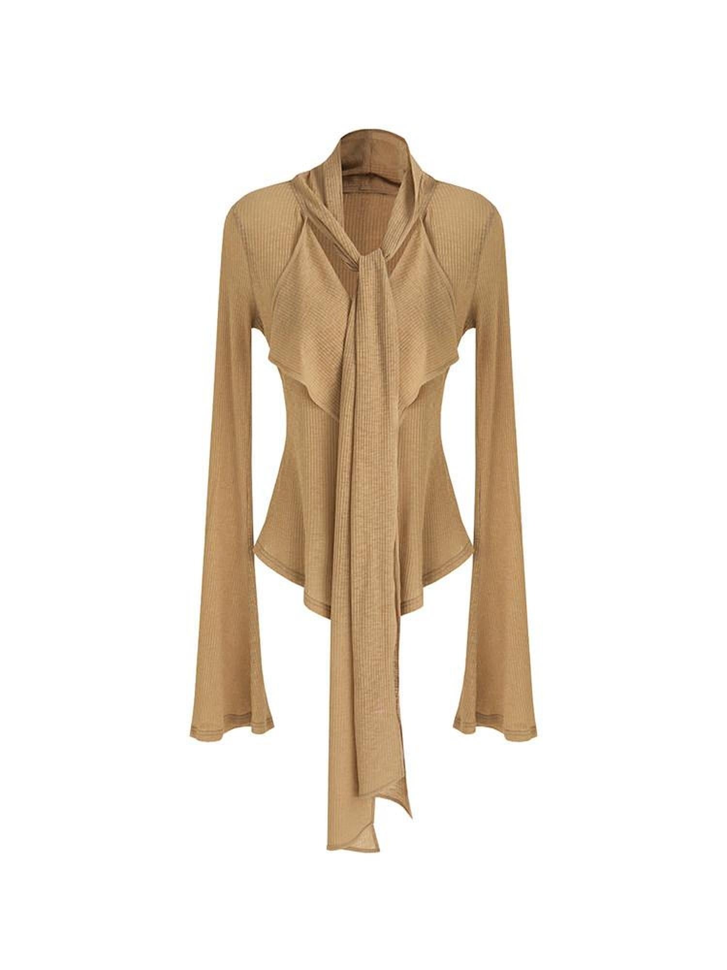 unspoken Slim Ruffle V-neck Bell Sleeve Knit Pullover Women Ginger Yellow Blouses