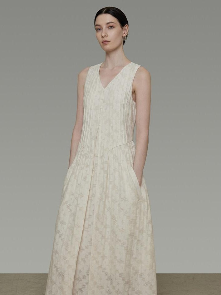 unspoken Elegant Jacquard V-neck High Waist A Line Sleeveless Work Off White Maxi Dresses