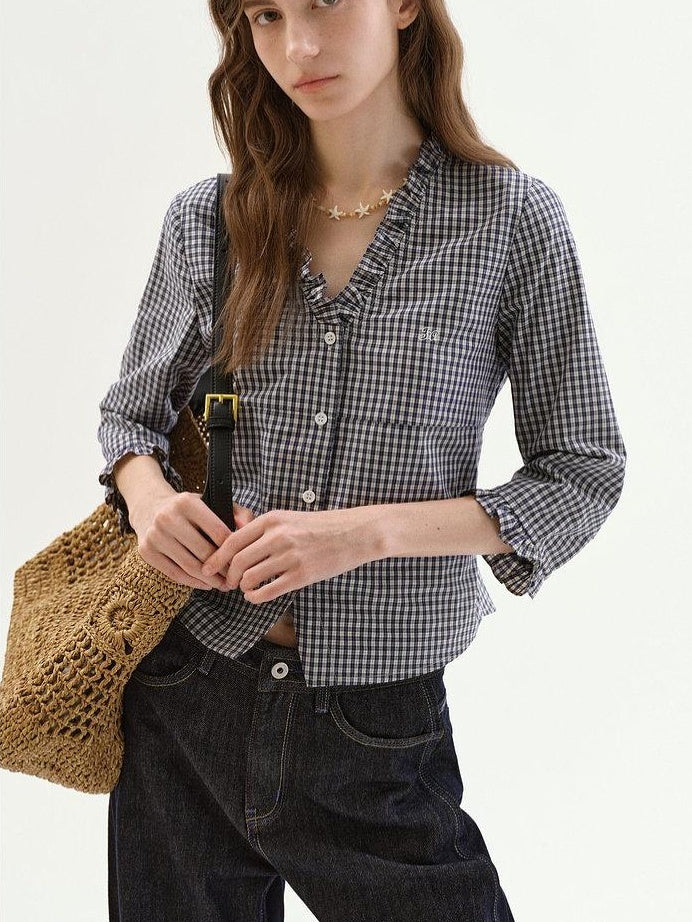 fano Warm Cotton V-neck Tie Slim Minimal 3 4 Sleeve Blue White Check Work Blouses