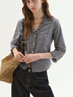 fano Warm Cotton V-neck Tie Slim Minimal 3 4 Sleeve Blue White Check Work Blouses