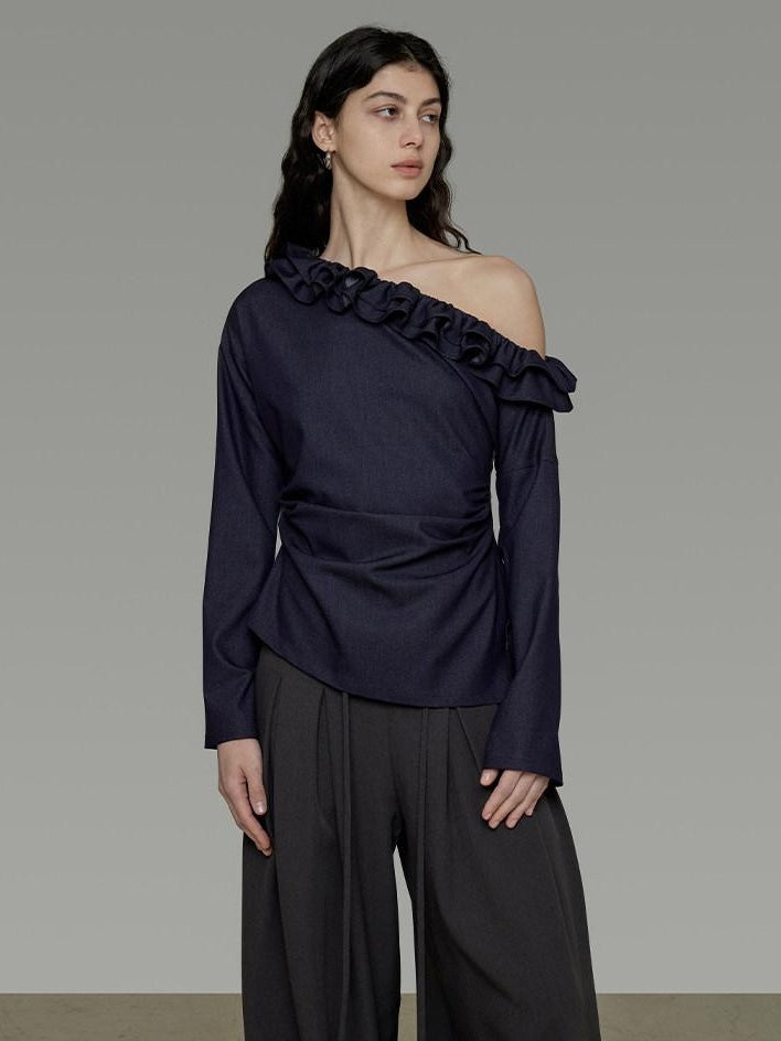 unspoken Warm Slanted Collar Loose Fit Long Sleeve Office Dark Blue Polyester Blouses