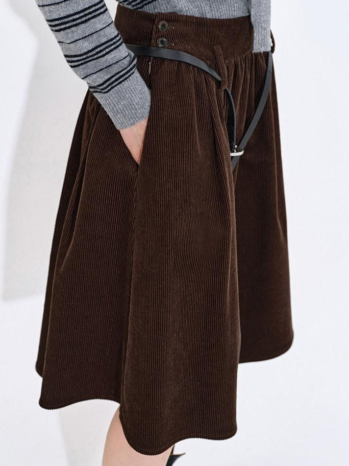 fano Lined High Waist Pleated Vintage A Line Cotton Brown Midi Skirts
