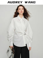 audreyyang Shape Retaining Casual Relaxed Tie Drop Shoulder Women Cotton Blend Shirts