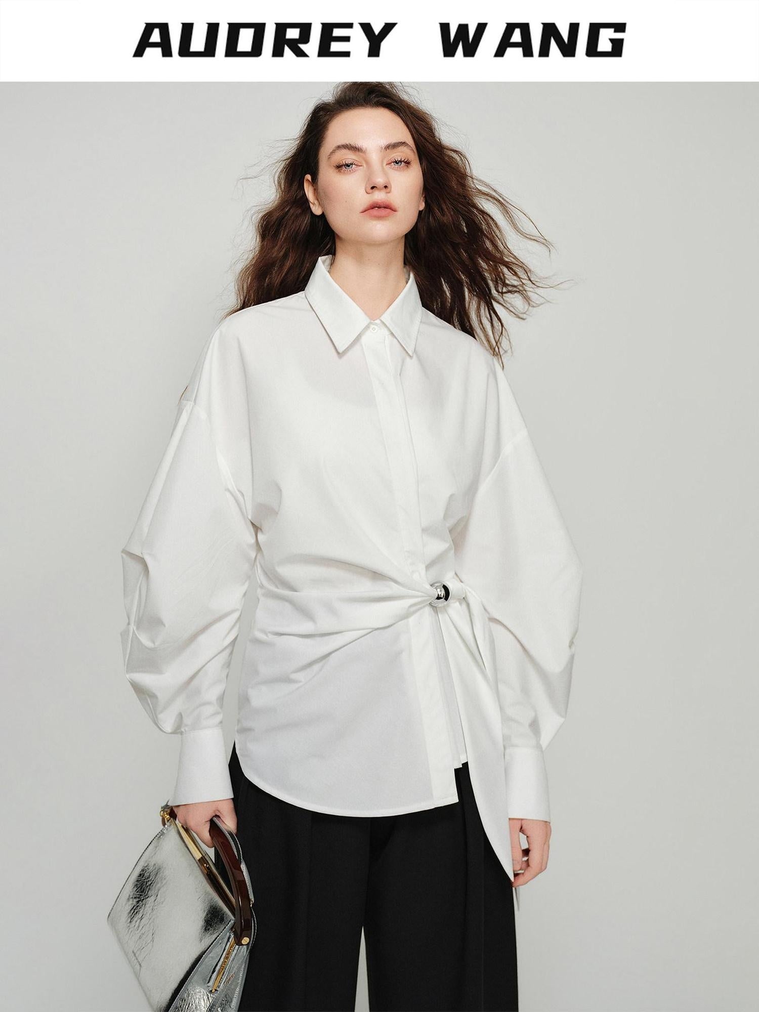 audreyyang Shape Retaining Casual Relaxed Tie Drop Shoulder Women Cotton Blend Shirts