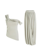 unspoken Minimalist Viscose Short Sleeve Two Piece Women Sage Green Top & Skirt Sets