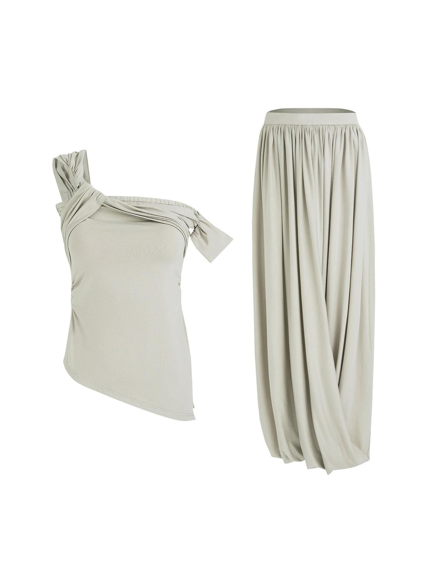 unspoken Minimalist Viscose Short Sleeve Two Piece Women Sage Green Top & Skirt Sets