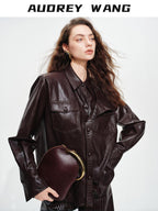 audreyyang Premium Pu Leather Lapel Long Sleeve Tailored Womens Black Wine Leather Jackets