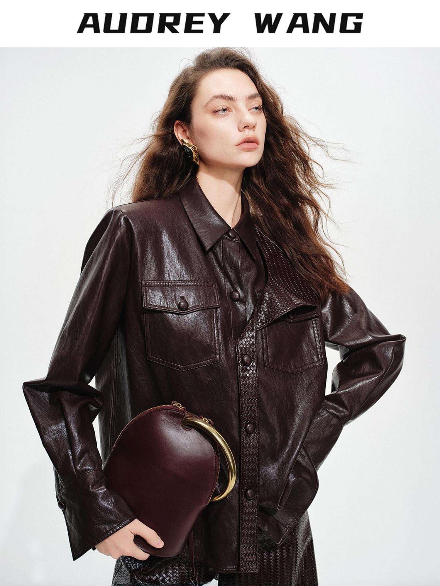 audreyyang Premium Pu Leather Lapel Long Sleeve Tailored Womens Black Wine Leather Jackets