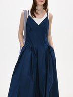 fano Cotton Spaghetti Strap A Line V-neck Office Antique Blue Maxi Dresses