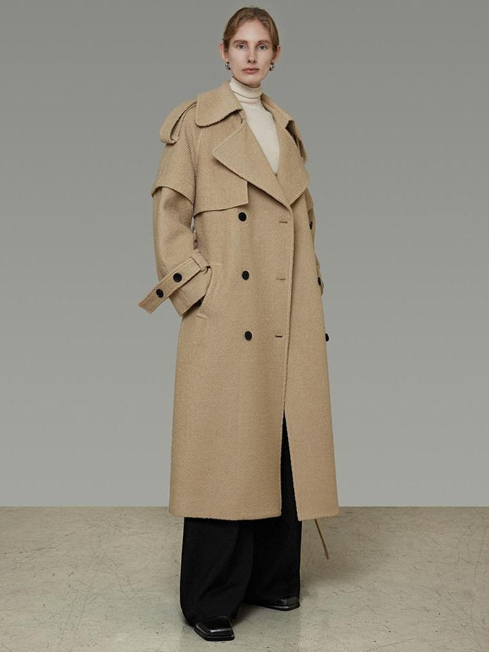 unspoken Elegant Minimal Workwear Oversized Double Breasted Lapel Khaki Wool Coats