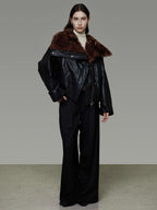 unspoken Thick Warm Patchwork Lapel Zipper Loose Women Commuter Black Leather Jackets