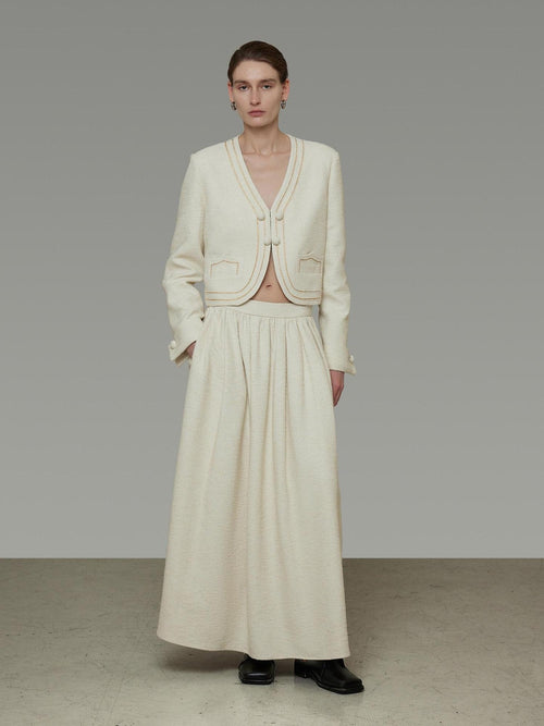 unspoken Cropped V-neck Blazer Tailored Slim High Waist Cotton Office Top & Skirt Sets