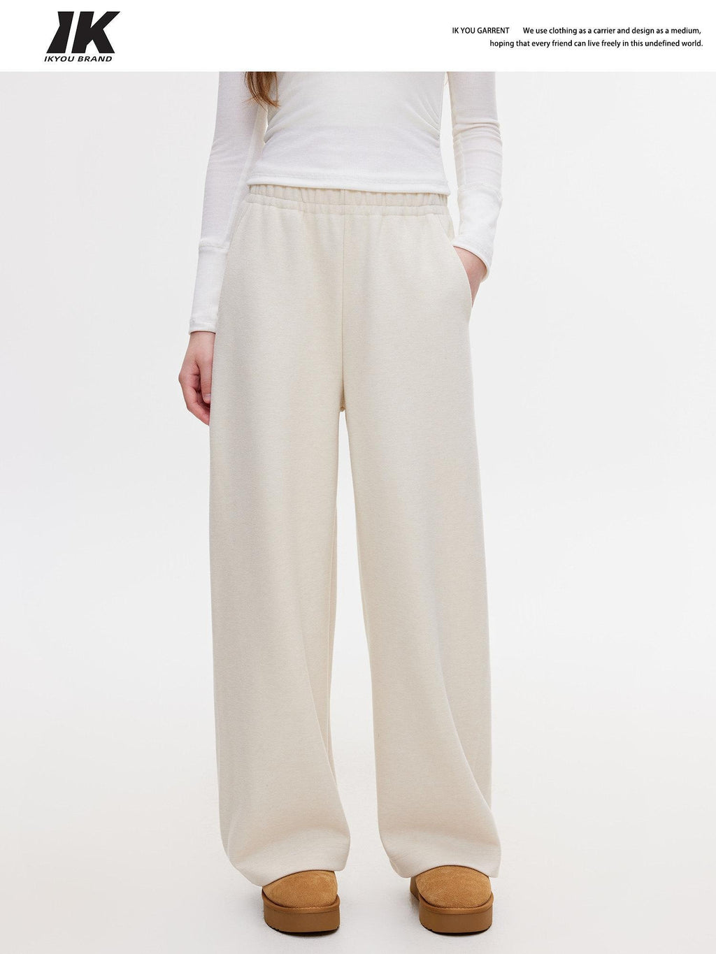 ikyou Wrinkle Resistant Asymmetric High Waist Loose Straight Commuter Beige Sweatpants