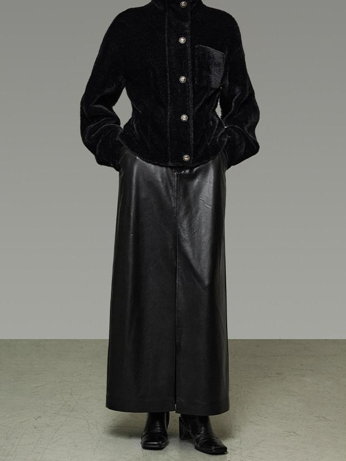 unspoken High Waist Textured H Line Straight Minimalist Workwear Black Midi Skirts