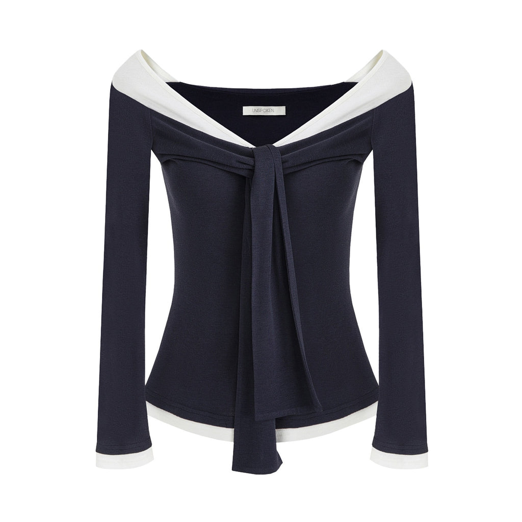 unspoken_Slim_Colorblock_One_Shoulder_V-neck_Casual_Knitted_Pullover_Women_Blouses_MISSTT