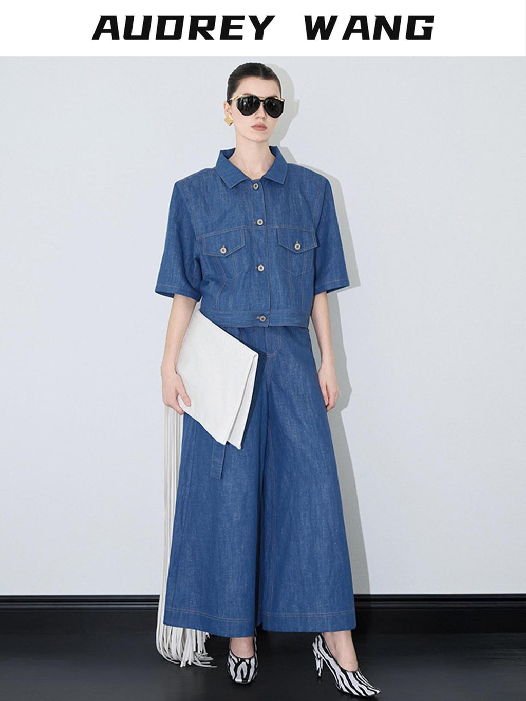 audreyyang Linen Blend Collared Short Sleeve Button Casual Denim Blue Top & Skirt Sets