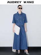 audreyyang Linen Blend Collared Short Sleeve Button Casual Denim Blue Top & Skirt Sets