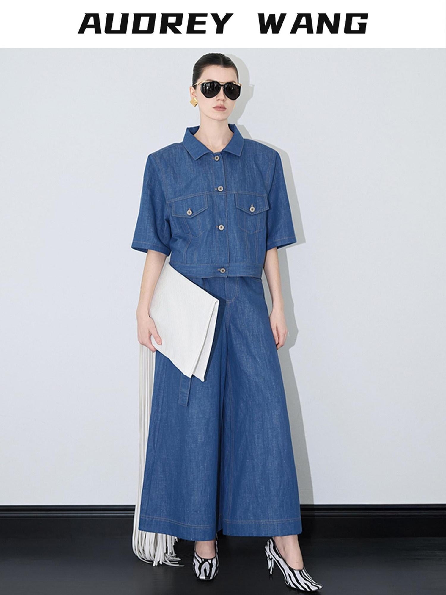 audreyyang Linen Blend Collared Short Sleeve Button Casual Denim Blue Top & Skirt Sets