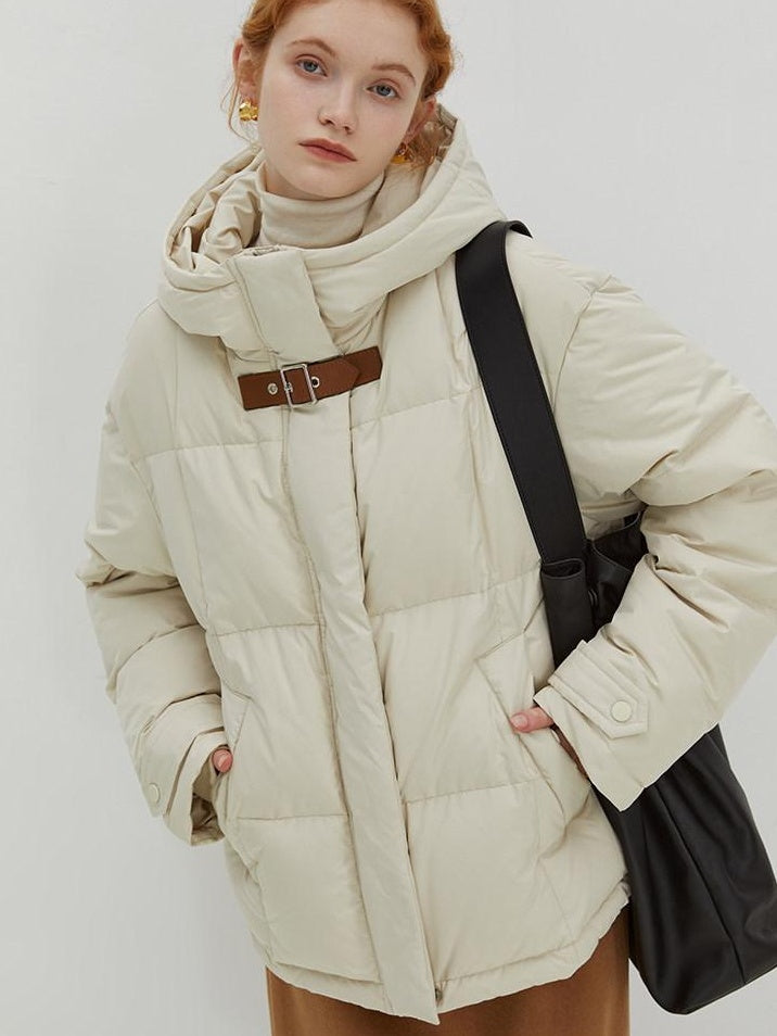 fano 90% White Duck Down Minimal Commuter Straight Hooded Milky Beige Down Jackets