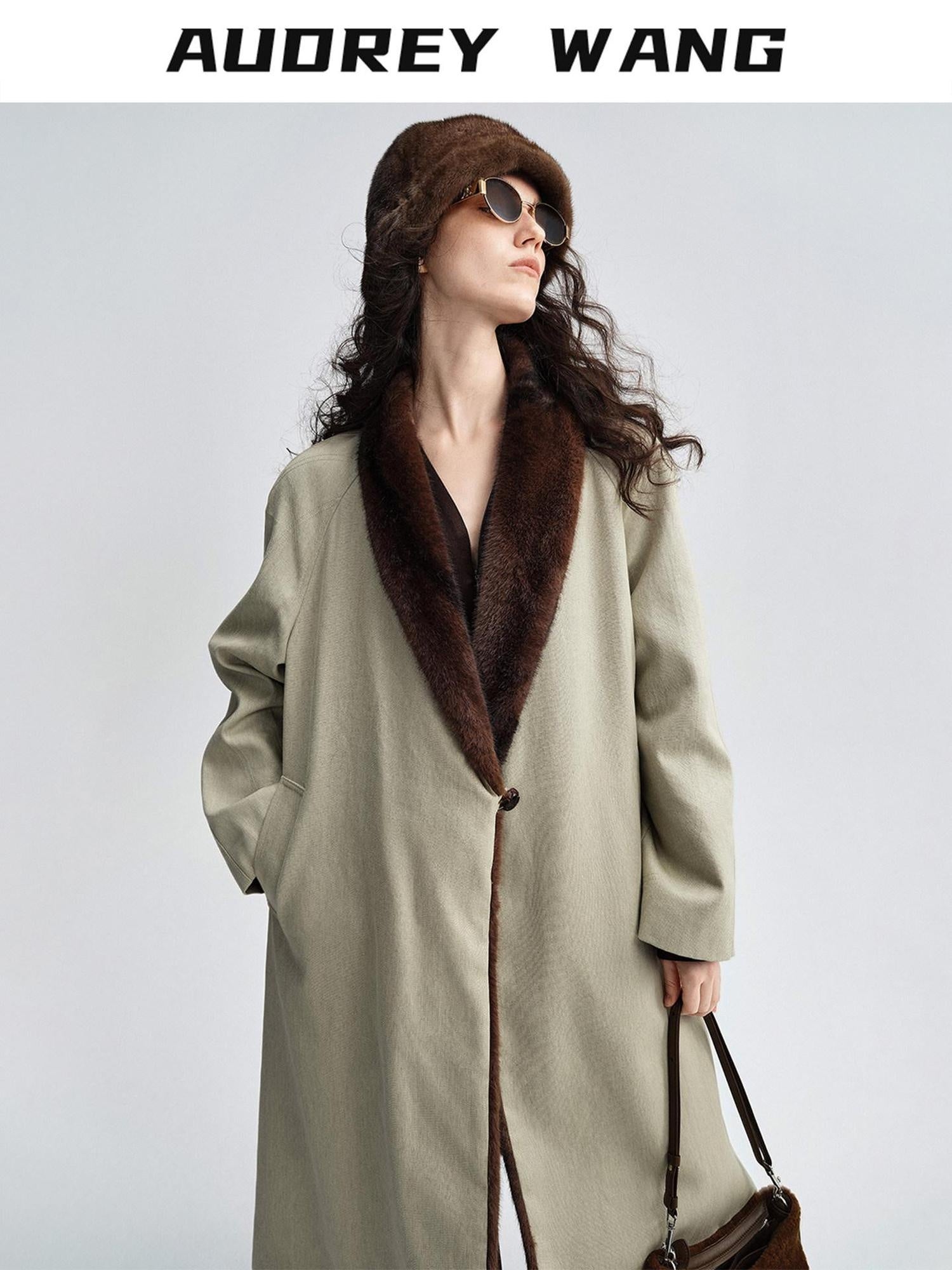 audreyyang Warm Thick Lapel Patchwork Slavic Loose Fit For Women Faux Fur Almond Long Coats