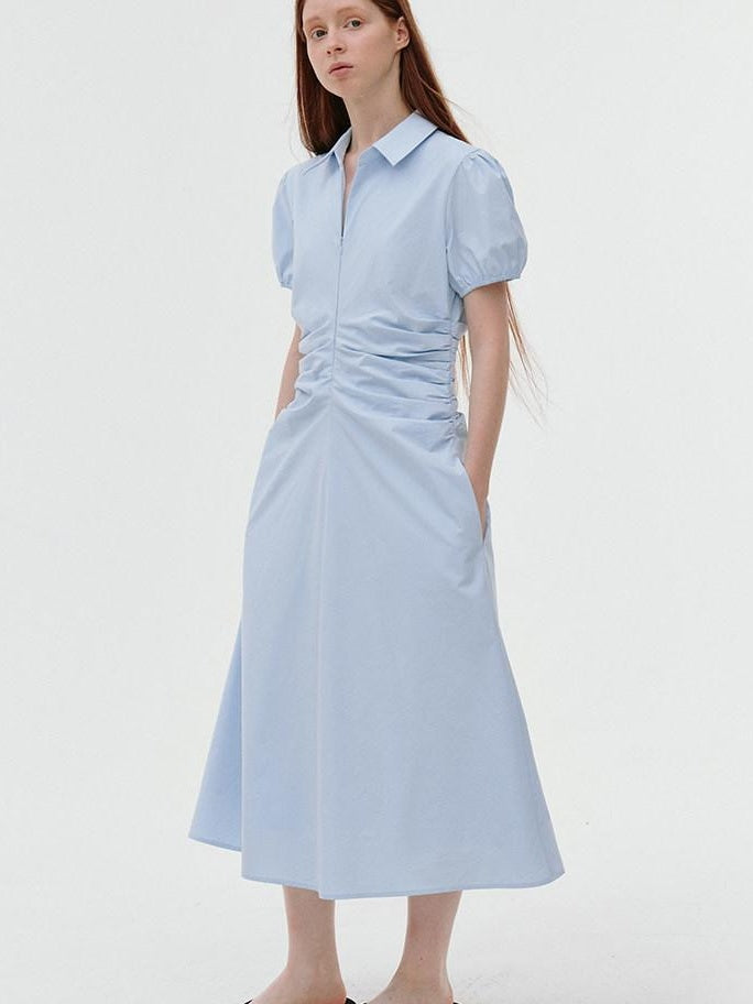 fano 100% Cotton Puff Sleeve A Line Natural Waist Solid Blue Zipper Maxi Dresses