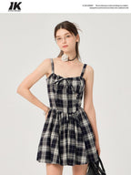 ikyou Slimming Cinched Waist Strappy Plaid A Line Office Midi Dresses