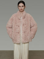 unspoken Warm Thick Stand Collar Loose Fit Rounded Hem Women Pink Solid Short Coat