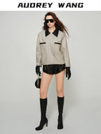 audreyyang Lightweight Casual Long Sleeve Women Nylon Cotton Light Gray Bomber Jackets
