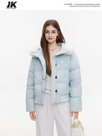 ikyou Warm Embroidered Detachable Hood Korean Loose Nylon Padded Teal Puffer Jackets
