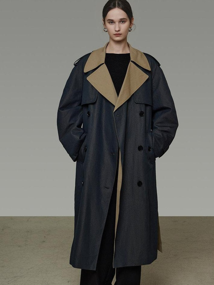 unspoken Navy Cotton Denim Double Breasted Loose Fit Commuter Women Trench Coats