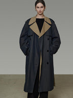 unspoken Navy Cotton Denim Double Breasted Loose Fit Commuter Women Trench Coats