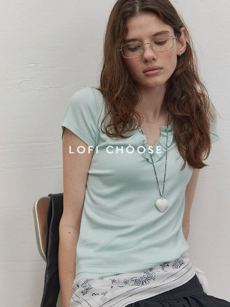 Lofi_choose_Comfortable_V-neck_Slim_Fit_Casual_Women_Dark_Gray_Green_Short_Sleeve_T-Shirts_MISSTT