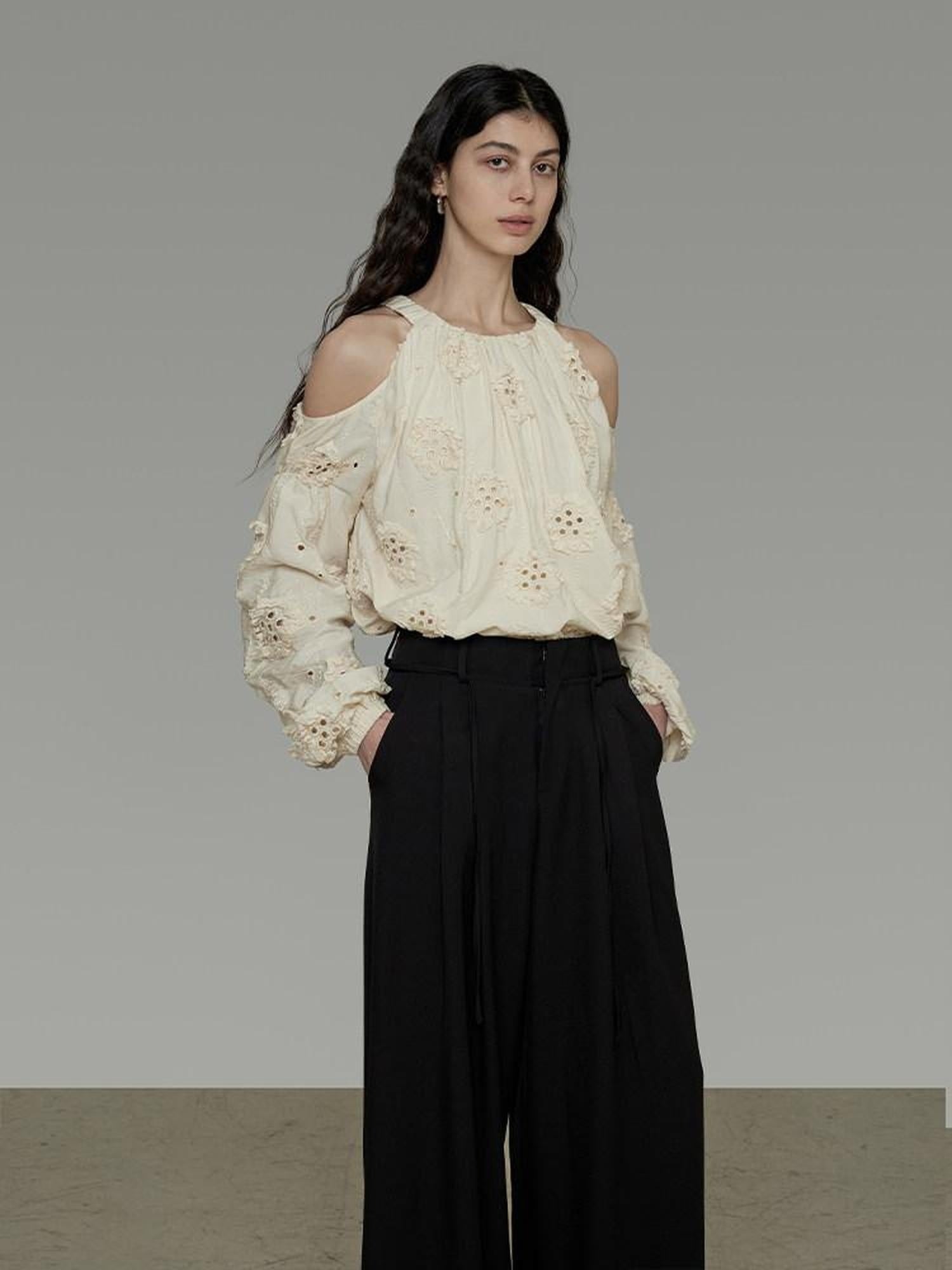 unspoken Breathable Skin Friendly Embroidered Loose Round Neck Long Sleeve Office Blouses