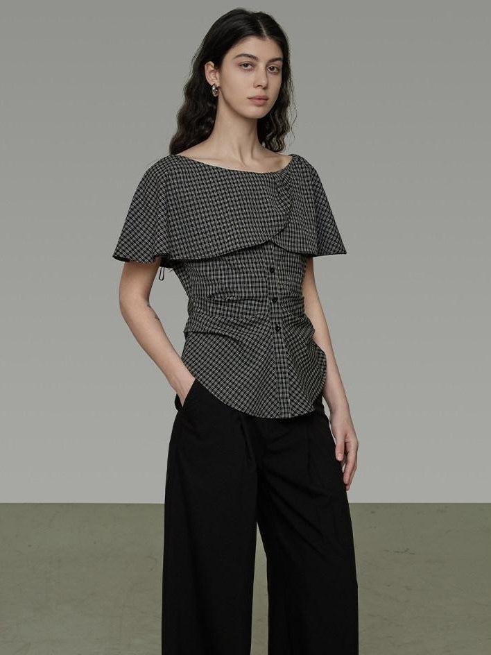 unspoken Breathable Minimal Loose Ruffle Boatneck Women Plaid Button Short Sleeve Blouses