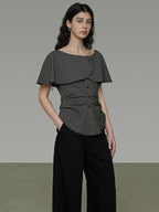 unspoken Breathable Minimal Loose Ruffle Boatneck Women Plaid Button Short Sleeve Blouses