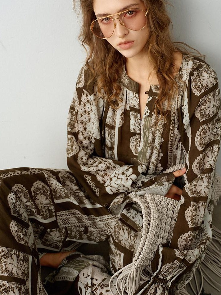 audreyyang Sustainable Viscose Ramie Printed Loose V-neck Long Sleeve Women Blouses