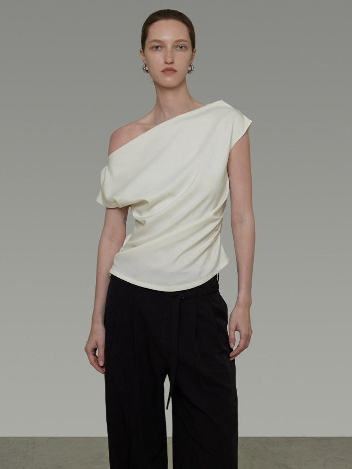unspoken Asymmetric Neck Pleated Minimal Slim Fit Office Women Polyester Basic Crop Tops