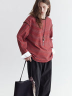 fano Comfort Cotton Stretch Striped Korean Loose Fit Women Long Sleeve T-Shirts