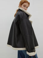 fano Thick Commuter Loose Fit Zipper Long Sleeve Women Black Leather Jackets