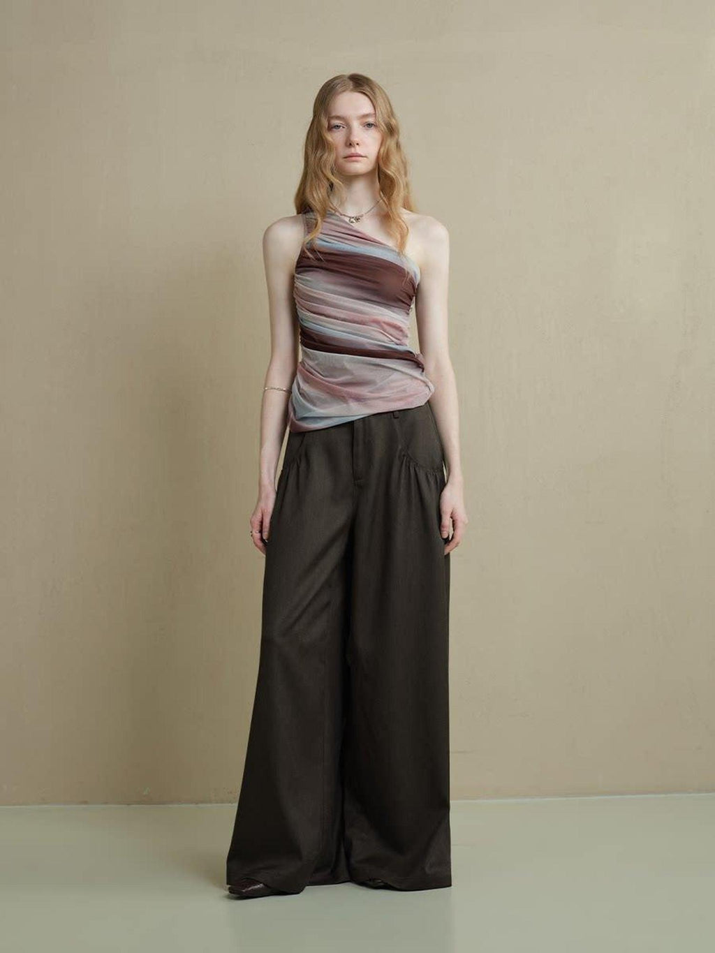 someonesometimes Comfort Minimalist Elastic Natural Waist Office Dark Brown Wide Leg Pants