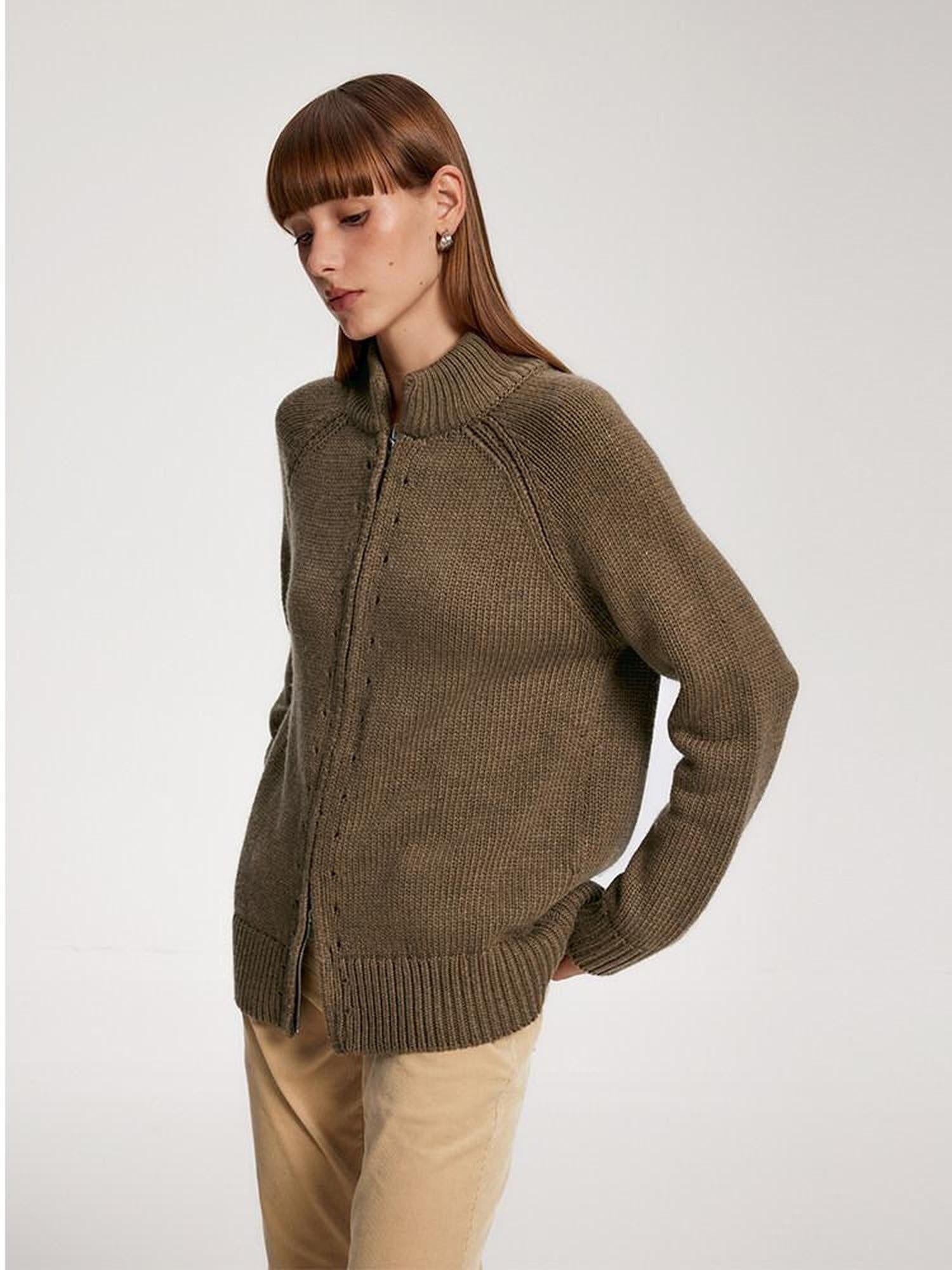 someone sometimes Acrylic Wool Blend Stand Collar Open Front Commuter Knit Brown Cardigans