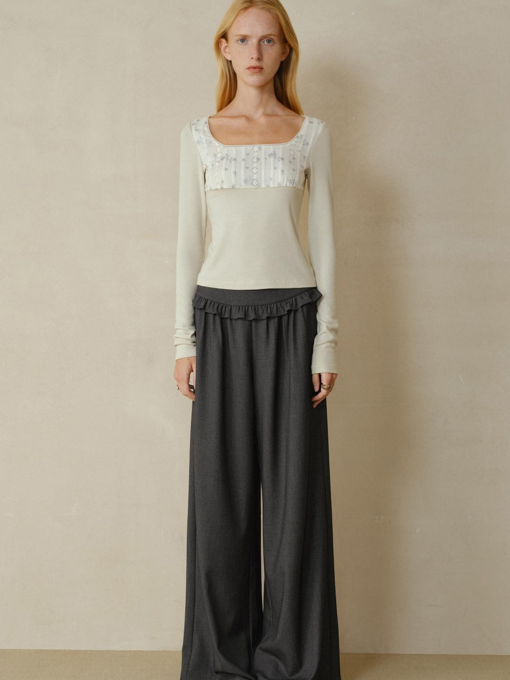 someonesometimes Soft Stretch Casual Ruffle Hem Women Heather Grey Viscose Blend Wide Leg Pants