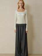 someonesometimes Soft Stretch Casual Ruffle Hem Women Heather Grey Viscose Blend Wide Leg Pants