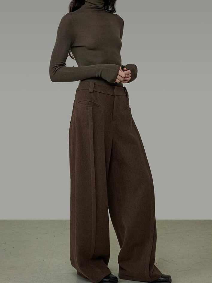 unspoken High Waist Pocketed Minimalist Office Brown Polyester Blend Wide Leg Pants