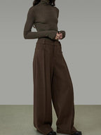unspoken High Waist Pocketed Minimalist Office Brown Polyester Blend Wide Leg Pants